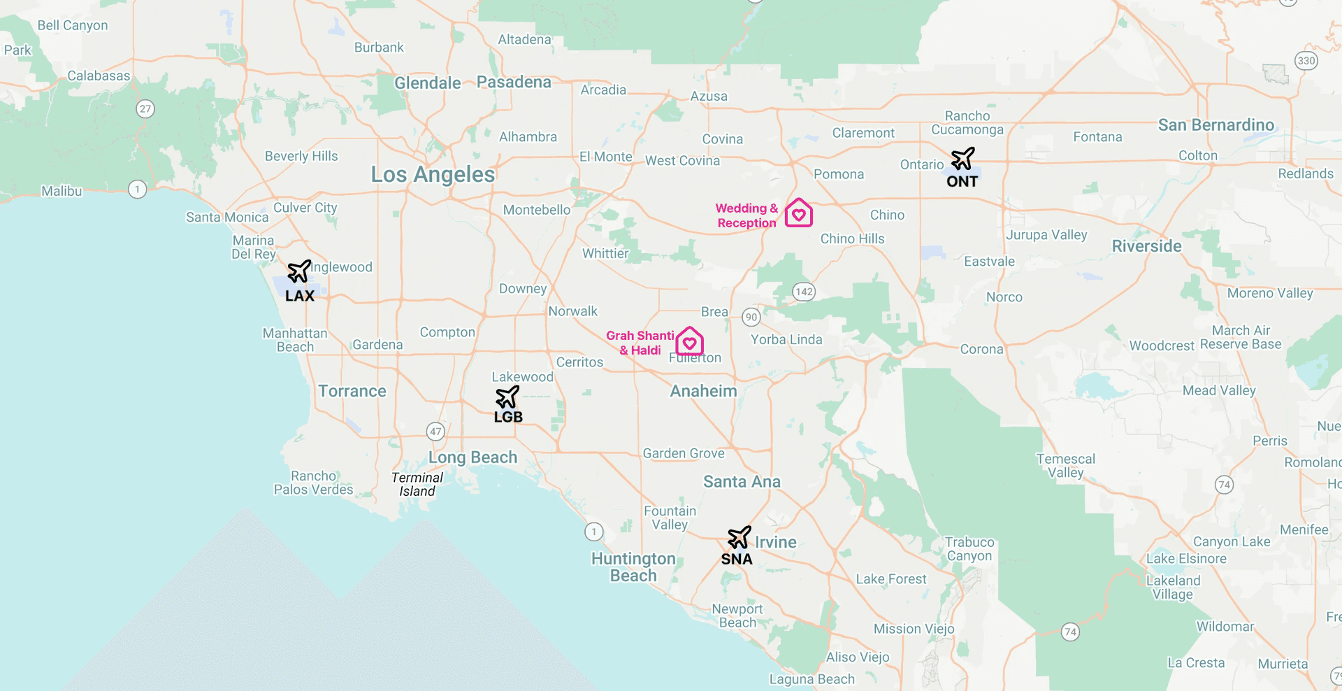 Wedding venue and airports map